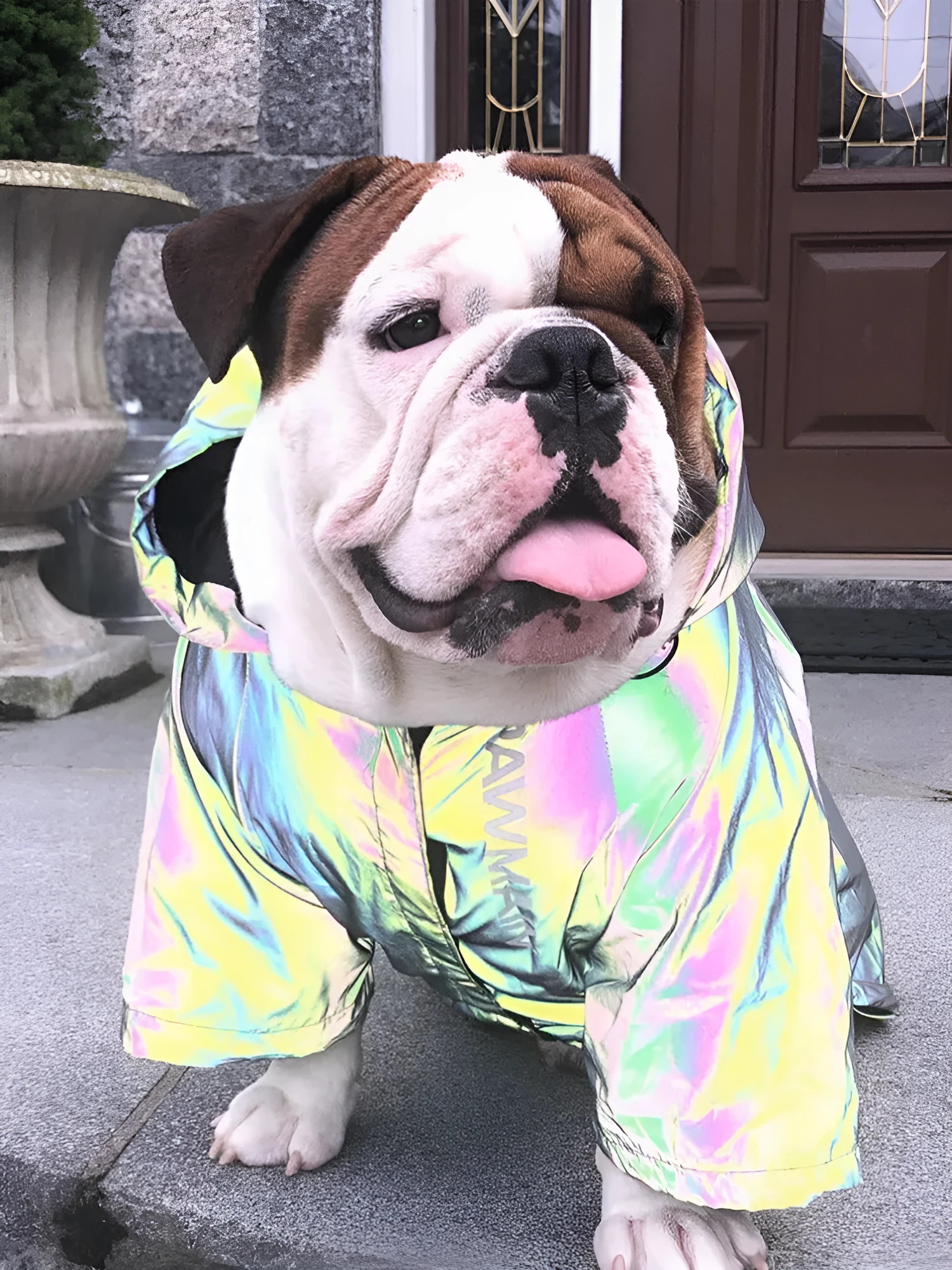 Silver microcrystalline reflective dog coat on a dog, waterproof and windproof, with high-reflective fabric visible in low light.