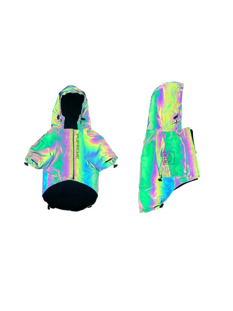 Silver microcrystalline reflective dog coat on a dog, waterproof and windproof, with high-reflective fabric visible in low light.