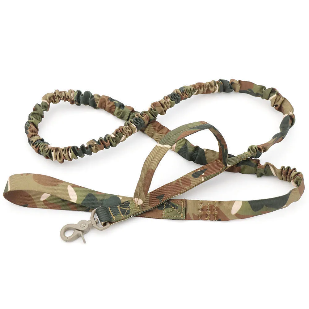 Retractable nylon dog traction rope with elastic buffer, anti-skid handle, 104-139x2.5cm, military green