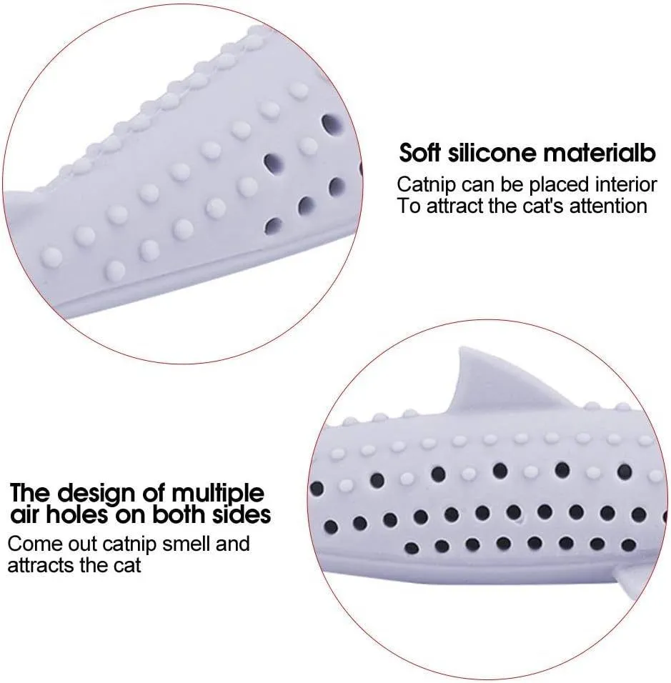 Green fish-shaped silicone chew toy for cats with breathable side holes for dental cleaning and pressure relief