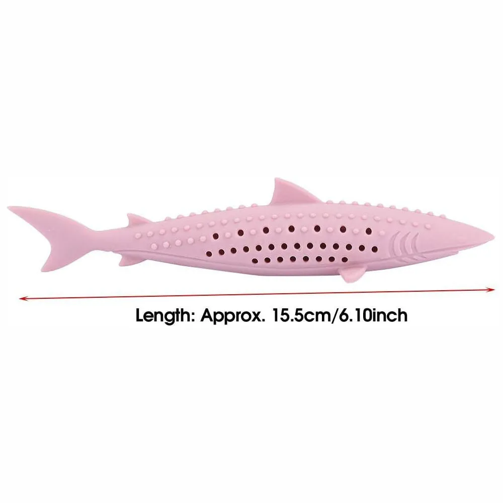 Green fish-shaped silicone chew toy for cats with breathable side holes for dental cleaning and pressure relief