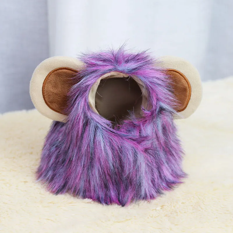 Acrylic lion mane pet hat in brown with three-colour hair styling, designed for cats and small dogs, size S