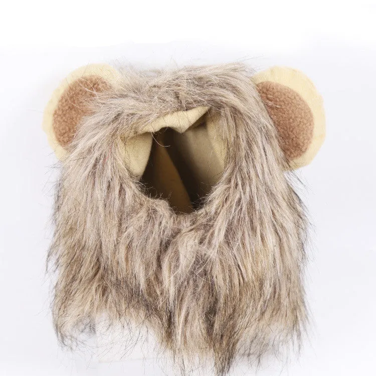 Acrylic lion mane pet hat in brown with three-colour hair styling, designed for cats and small dogs, size S