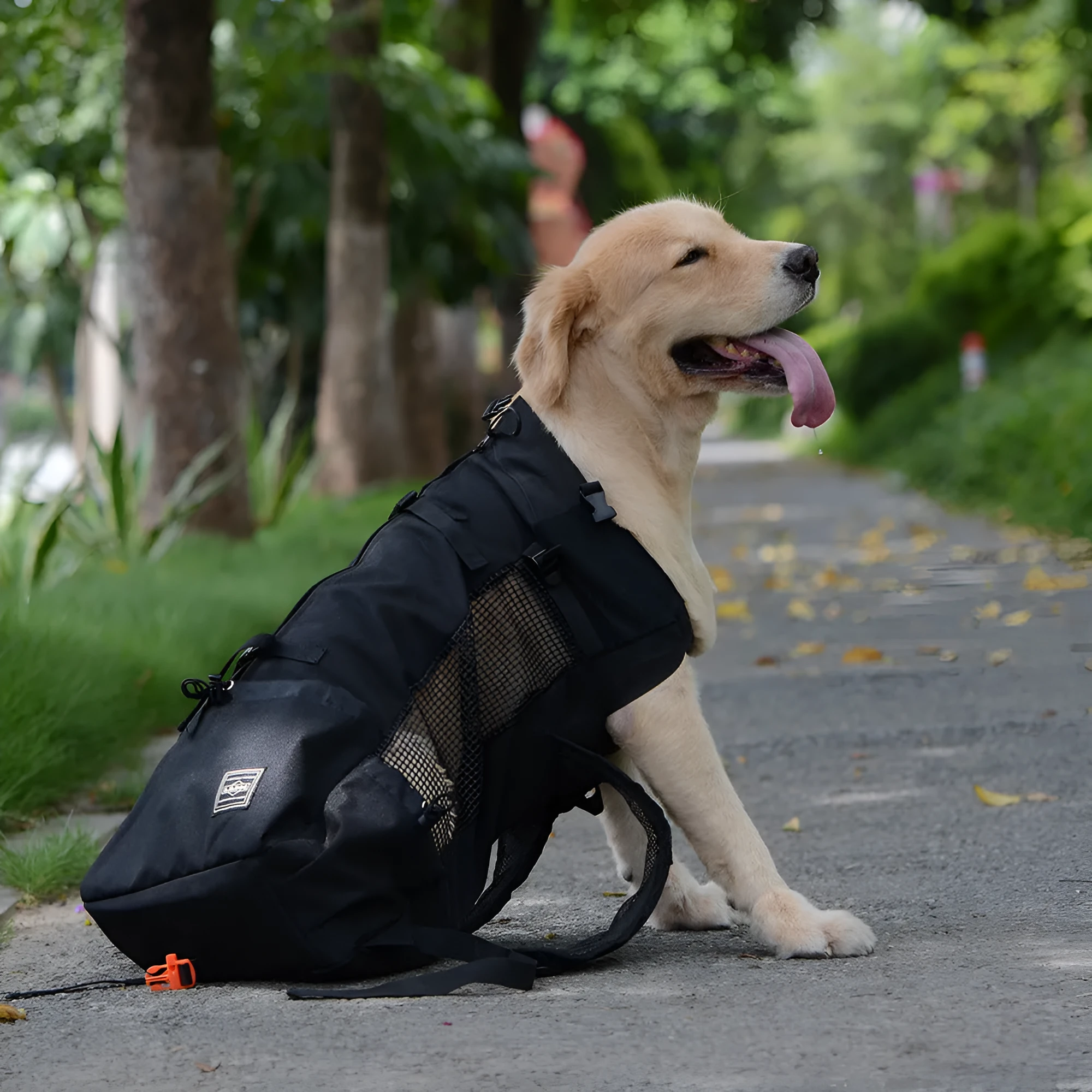 Ventilated pet travel backpack in black with mesh straps and safety buckle for cats and small dogs