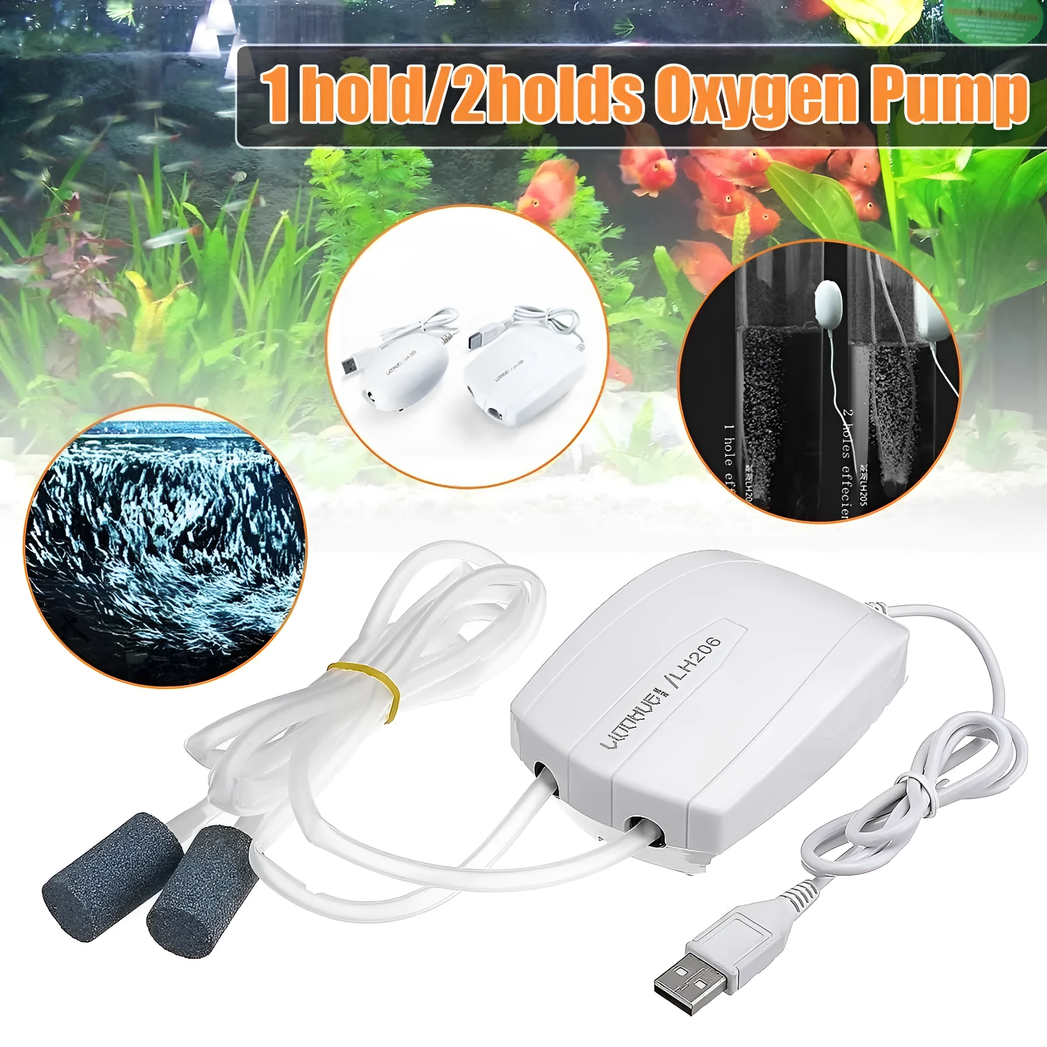 White ABS aquarium air pump with single outlet and air stone for fish tank oxygenation