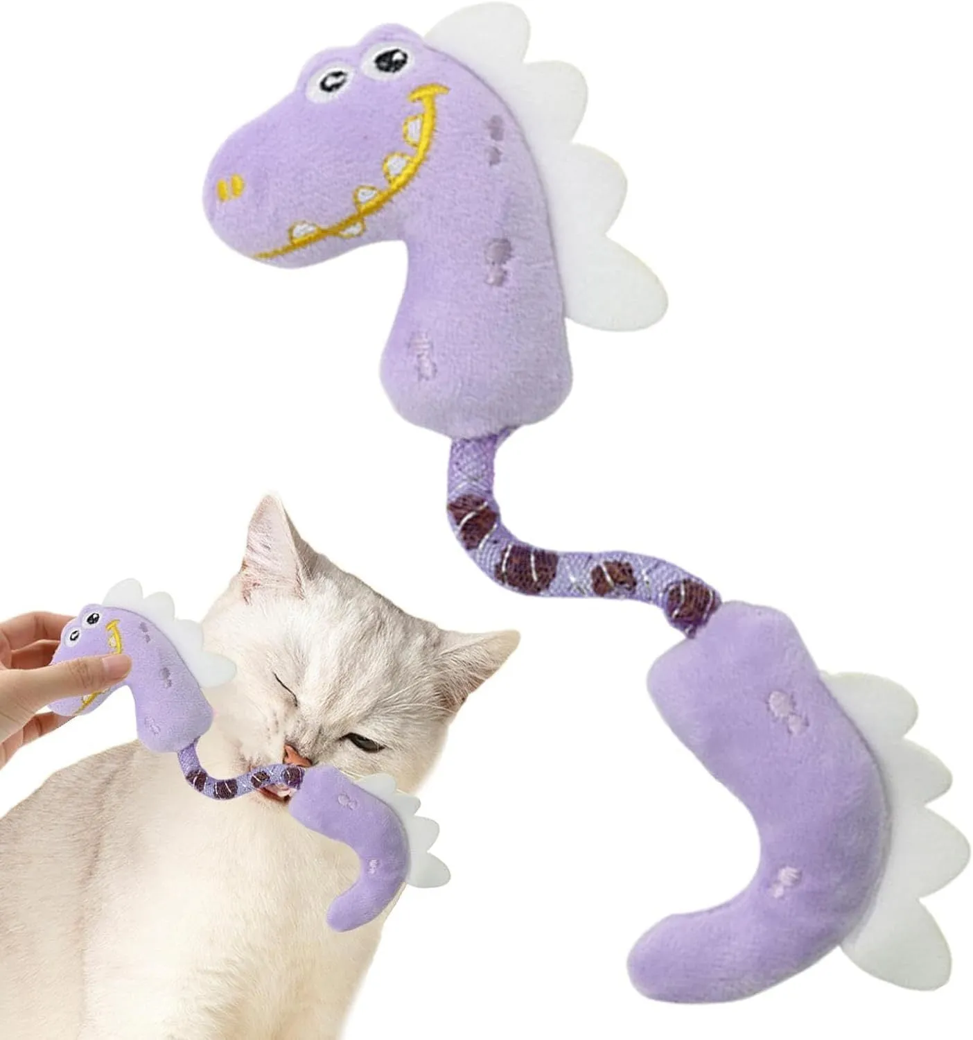 Set of four cat toys including plush, rope, and spring toys in pink, purple, and yellow colours