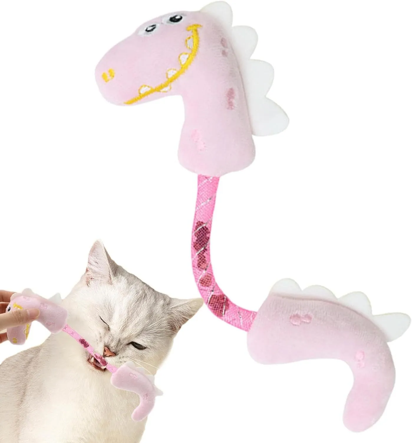 Set of four cat toys including plush, rope, and spring toys in pink, purple, and yellow colours