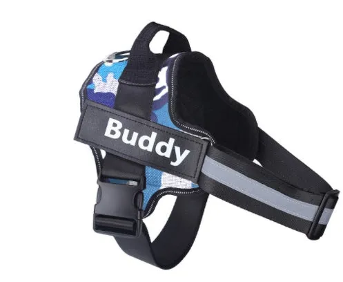 Personalised dog harness with dog name, reflective nylon adjustable chest strap, and handle for outdoor use