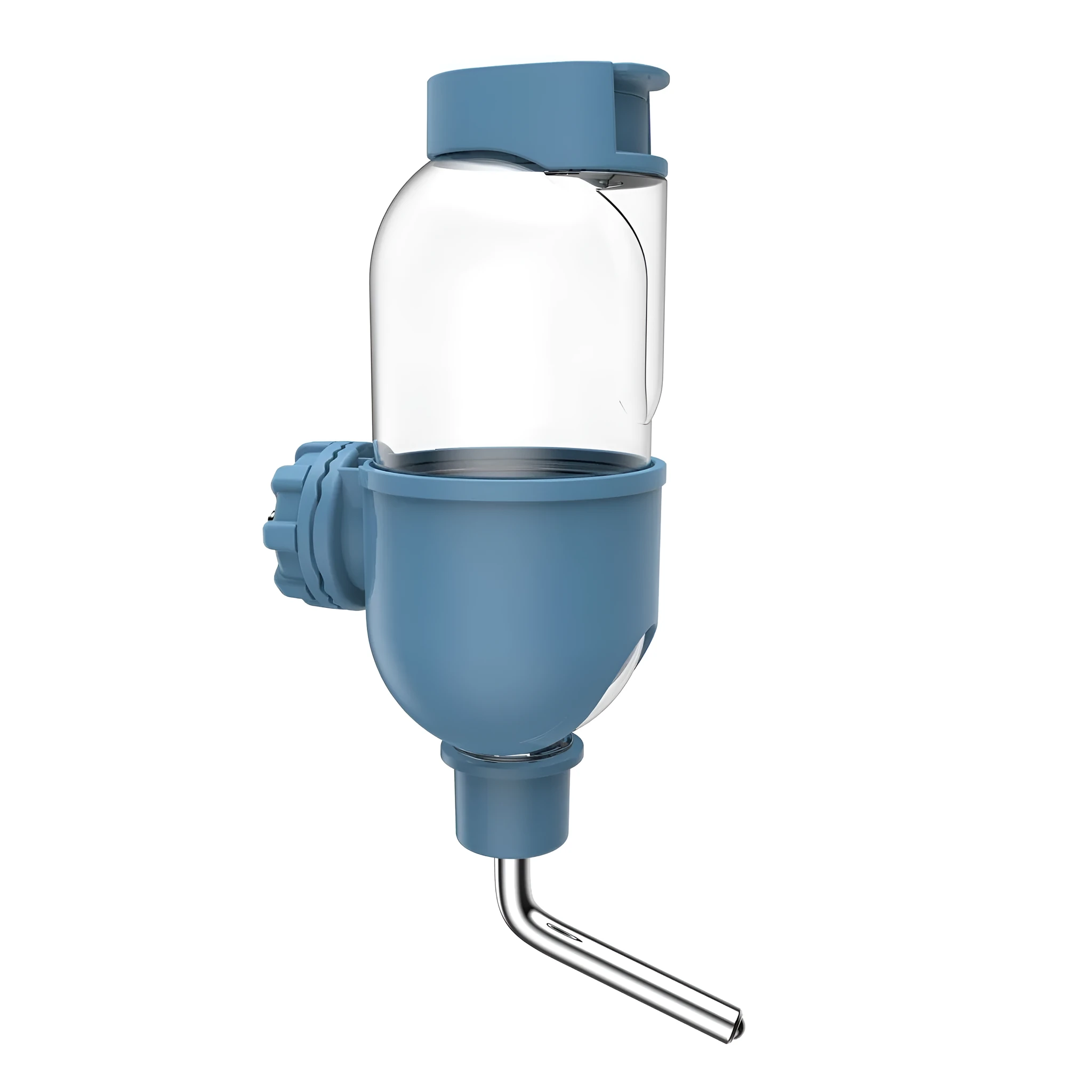 Blue small animal water bottle with rotatable nozzle and stainless steel ball valve for cage mounting.