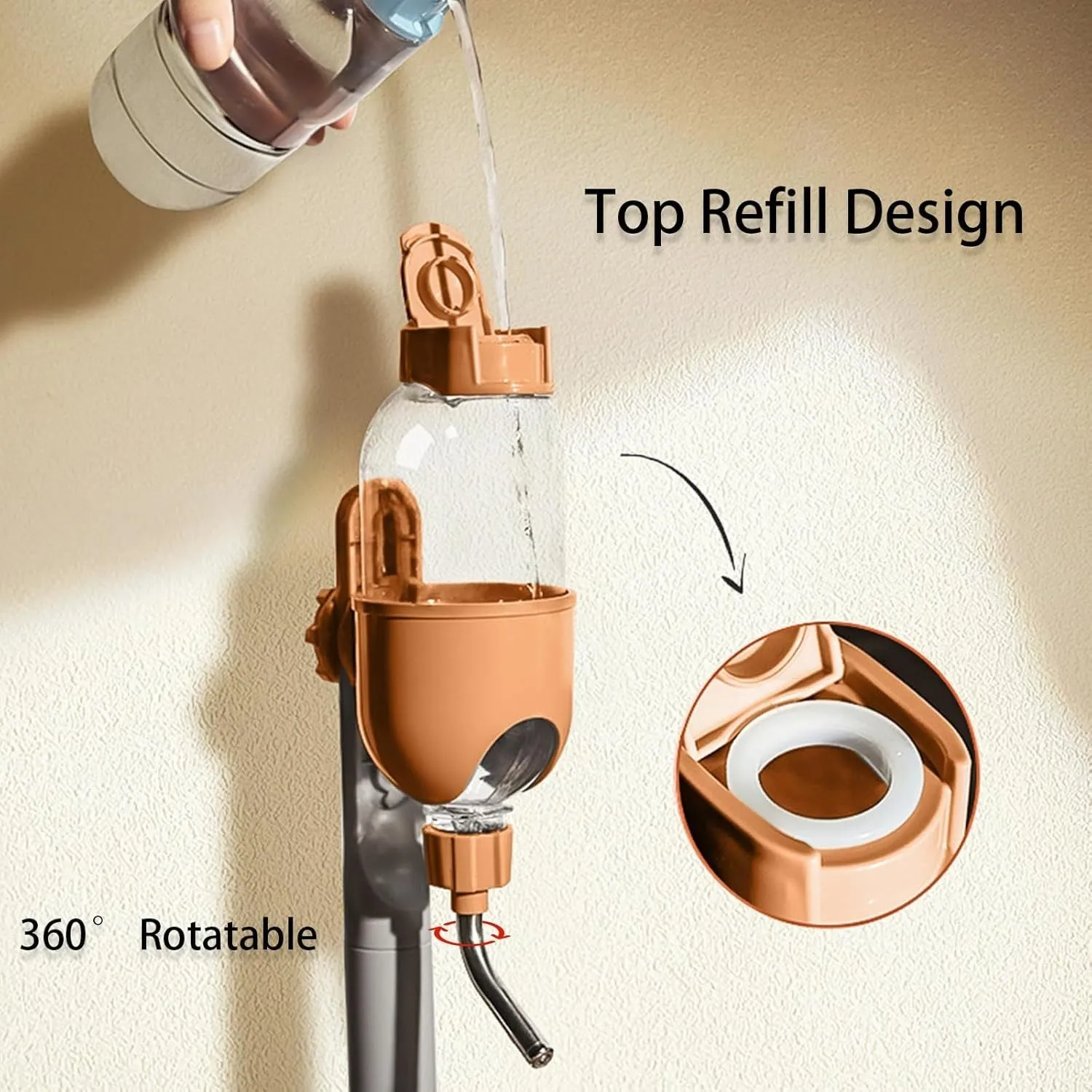 Blue small animal water bottle with rotatable nozzle and stainless steel ball valve for cage mounting.