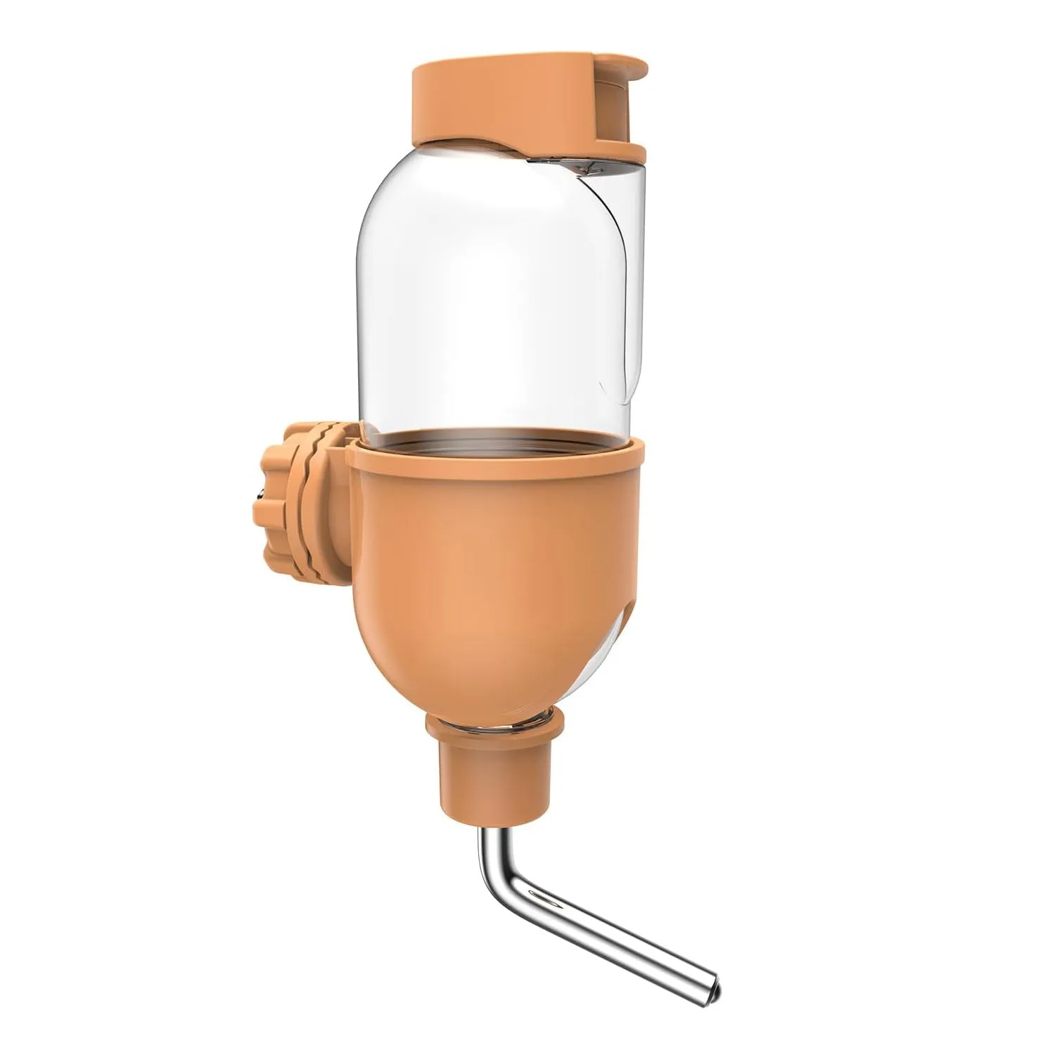 Blue small animal water bottle with rotatable nozzle and stainless steel ball valve for cage mounting.