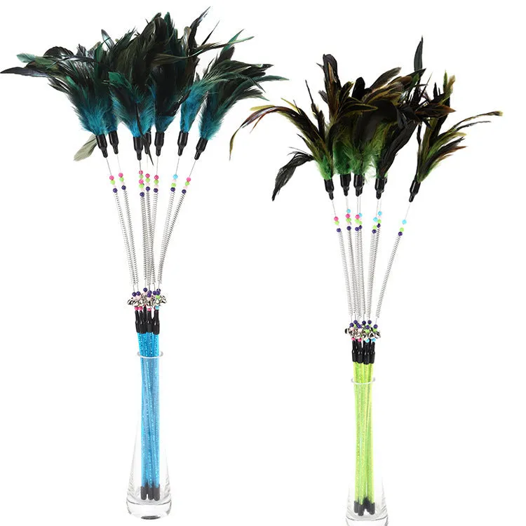 Feather cat toy with spring bells colour beads and 15.5cm cat stick in yellow blue purple red or green pole