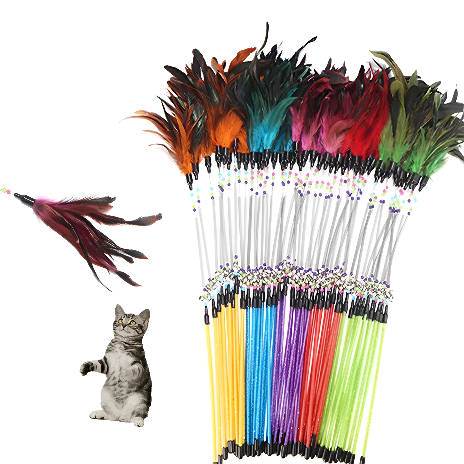 Feather cat toy with spring bells colour beads and 15.5cm cat stick in yellow blue purple red or green pole