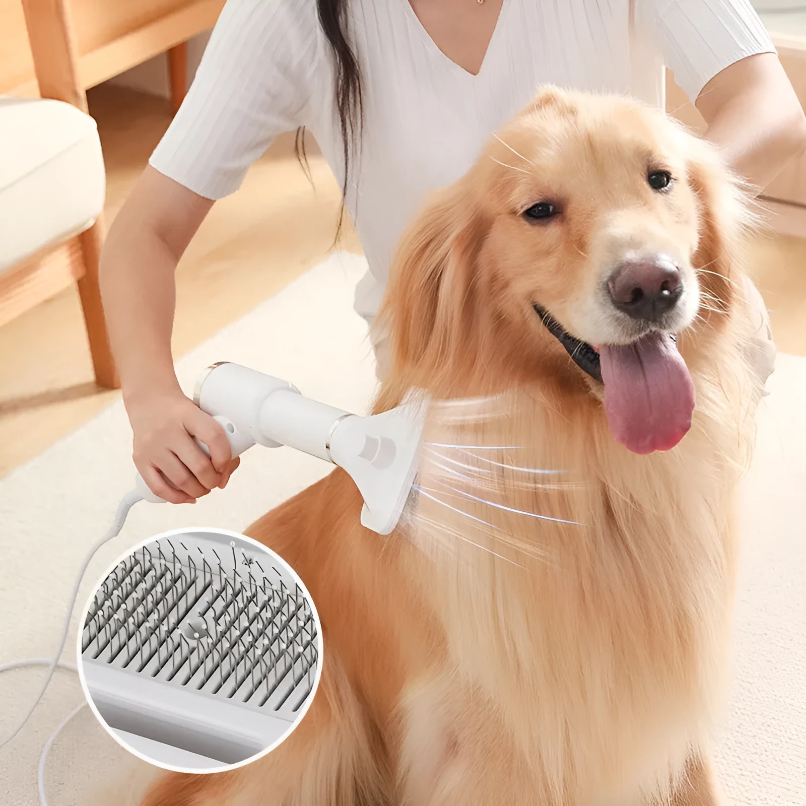 3rd generation pet hair dryer comb in white ABS for cats and dogs with comb attachment
