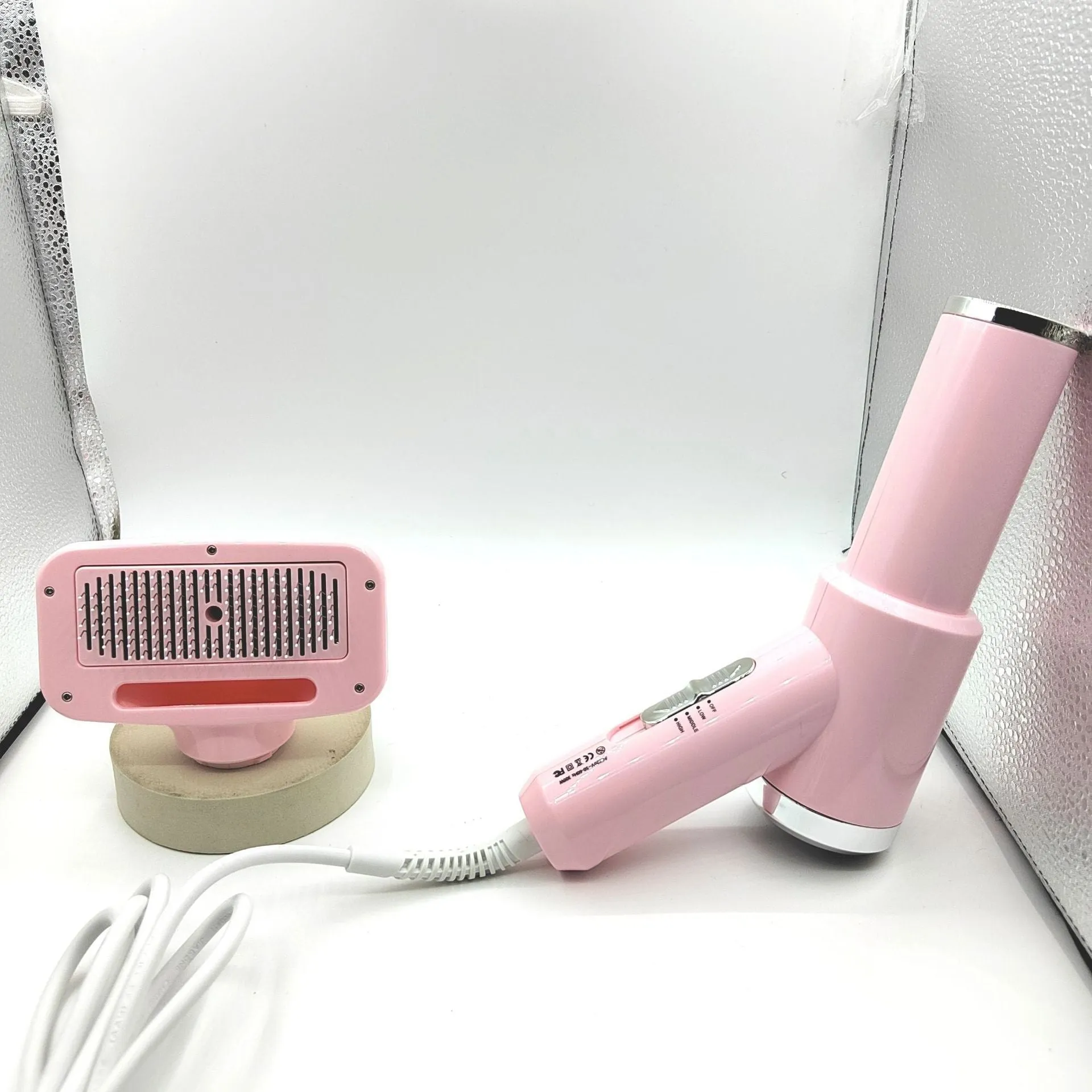 3rd generation pet hair dryer comb in white ABS for cats and dogs with comb attachment
