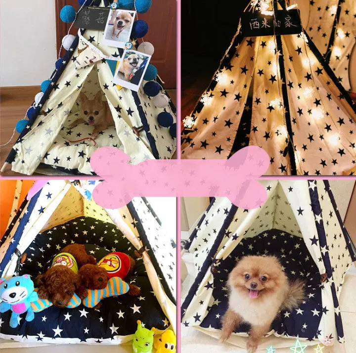 Portable washable cloth pet tent with pointed star pattern in large size for dogs and cats