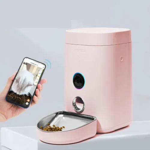 Intelligent automatic pet feeder for dogs and cats in light grey and white with APP control