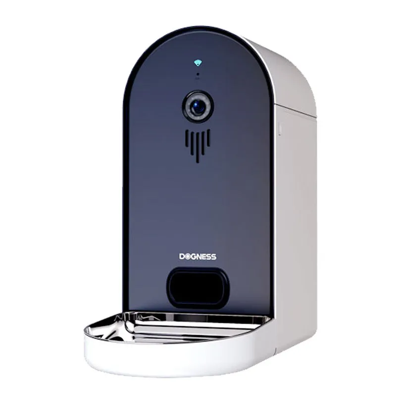 Intelligent automatic pet feeder for dogs and cats in light grey and white with APP control