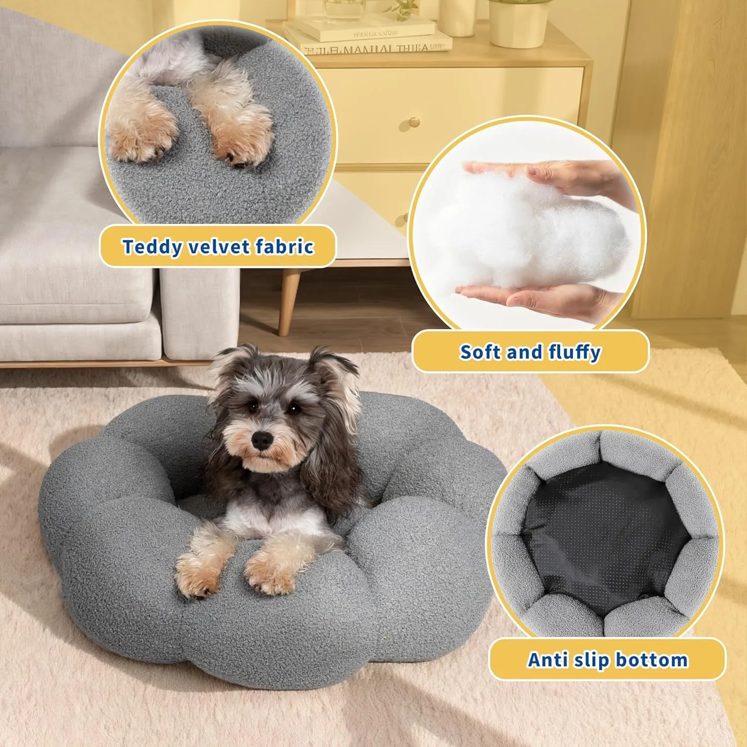 White fluffy flower-shaped pet bed with raised teddy fleece edges and round donut design on a light floor