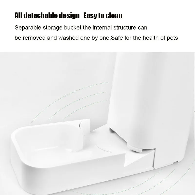 Large-capacity detachable pet feeder in white PP resin with 3.8L water tank and 2.1kg food storage, compact 0.045m² footprint