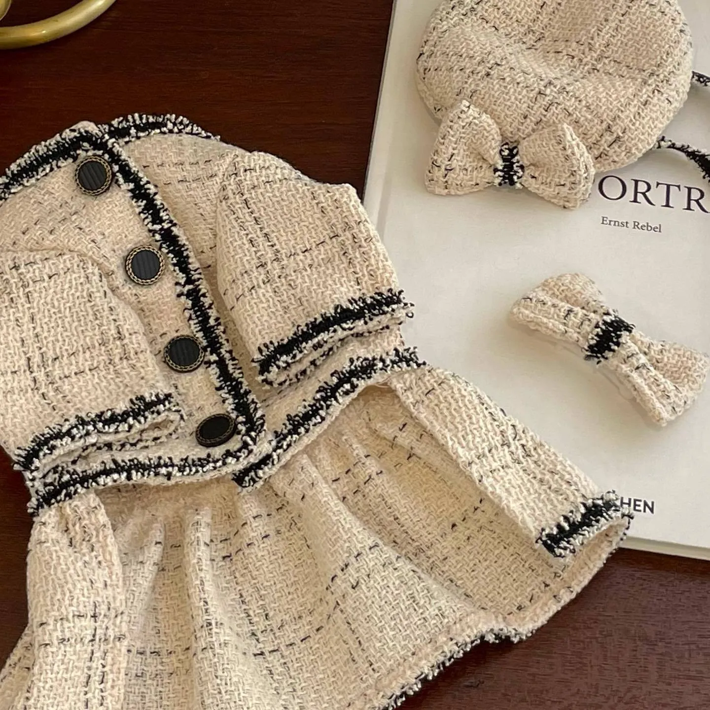 Beige cotton princess skirt with hairpin for small to large pet sizes XS-2XL