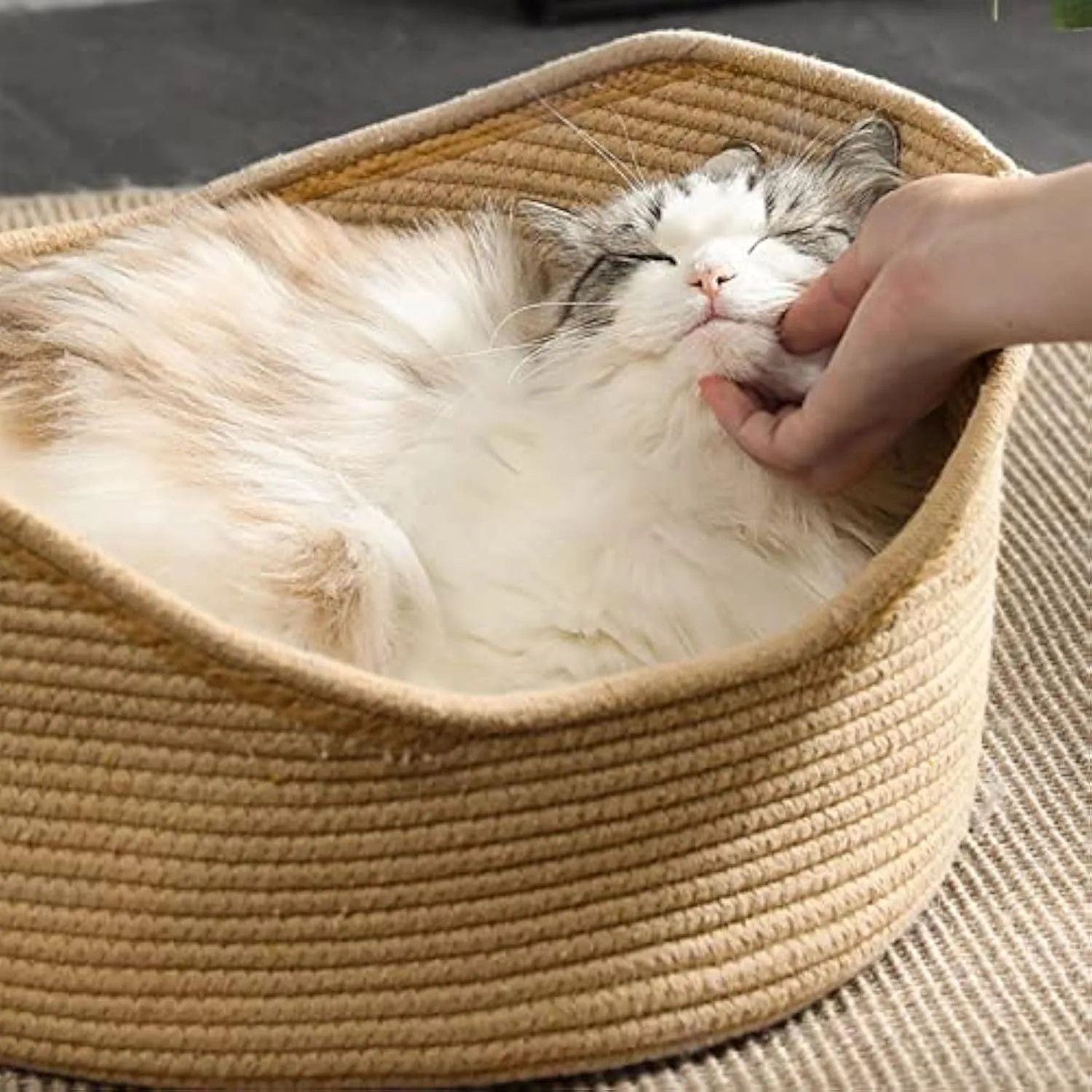 Woven rattan cat bed basket with corrugated scratching board in two size options