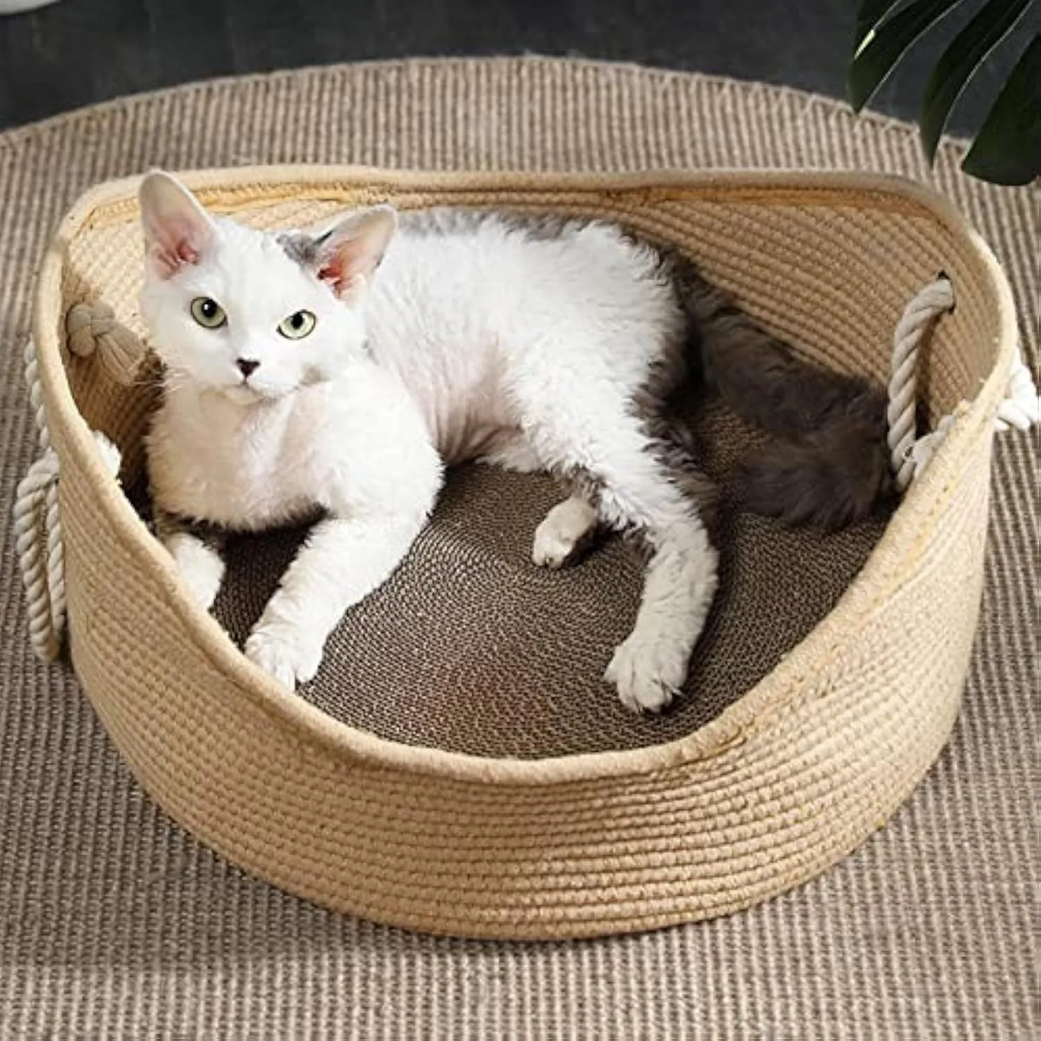 Woven rattan cat bed basket with corrugated scratching board in two size options