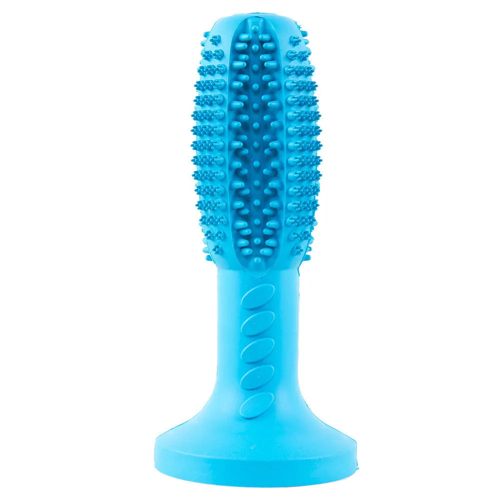 Blue rubber dog molar teeth cleaning stick with textured surface, size 6.5x14.5cm