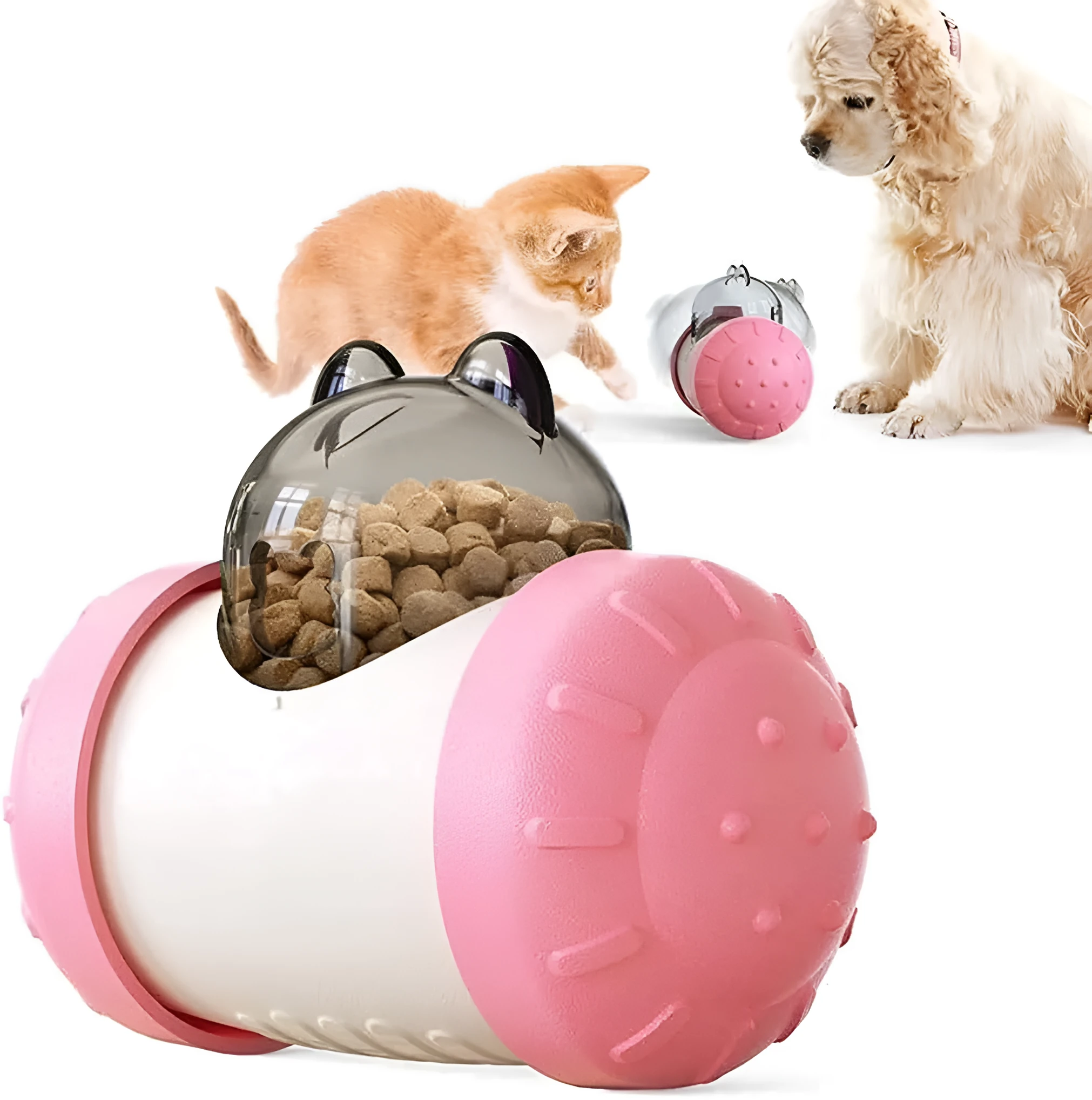 Interactive treat dispensing dog toy in green, self-standing tumbler design for slow feeding, food-grade ABS material