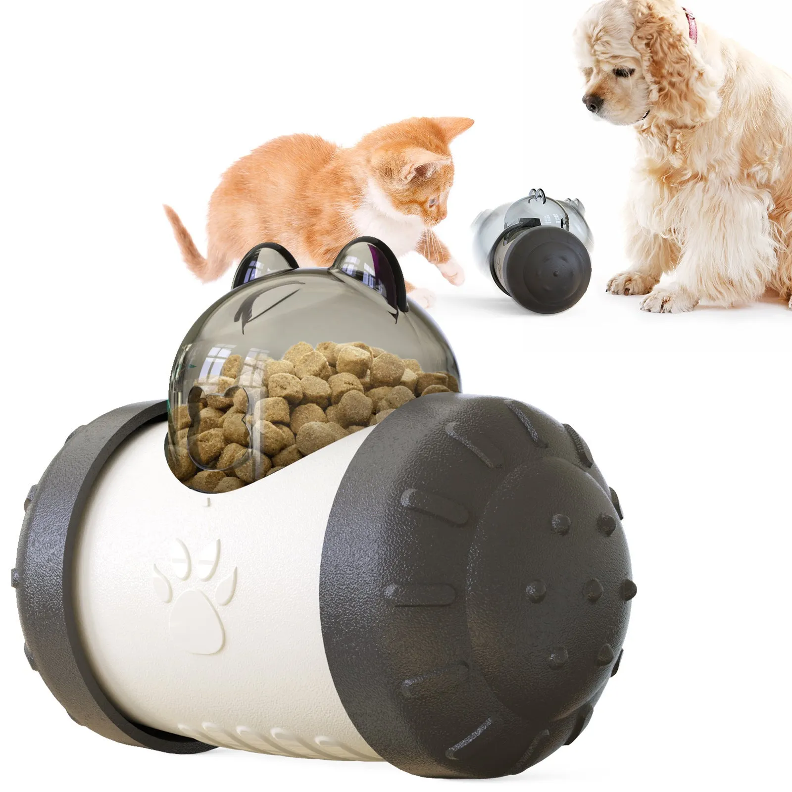 Interactive treat dispensing dog toy in green, self-standing tumbler design for slow feeding, food-grade ABS material
