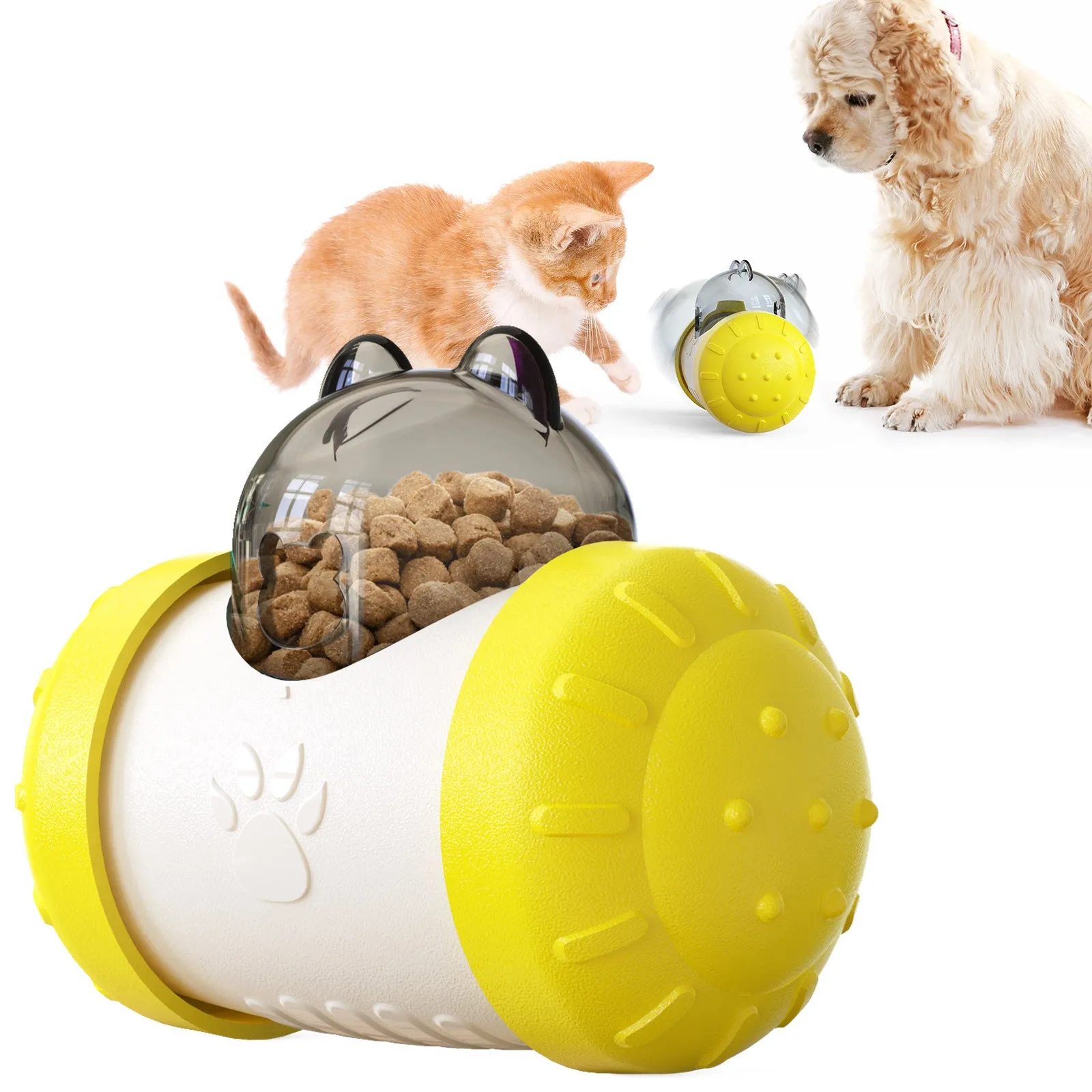 Interactive treat dispensing dog toy in green, self-standing tumbler design for slow feeding, food-grade ABS material