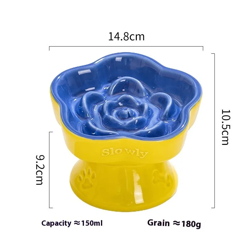 Ceramic pet bowl with a high foot and wide rim for dogs and cats.
