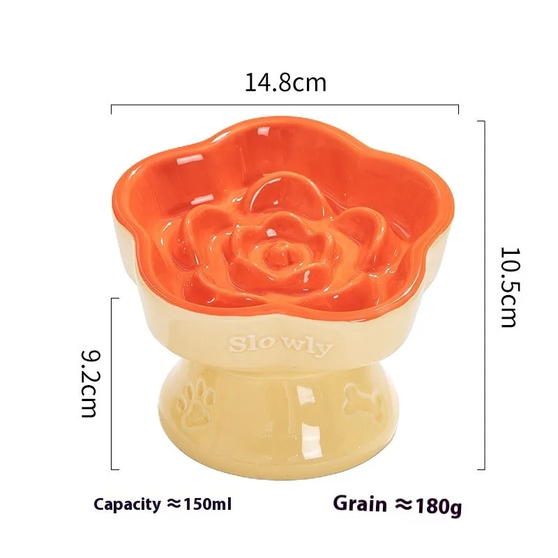 Ceramic pet bowl with a high foot and wide rim for dogs and cats.
