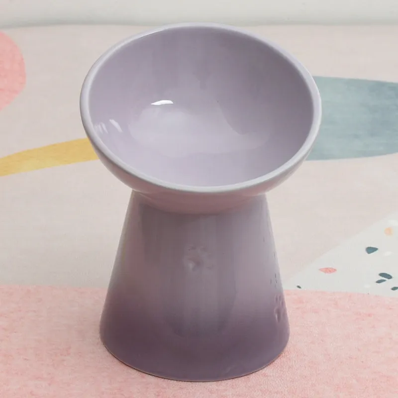Ceramic pet bowl with a high foot and wide rim for dogs and cats.
