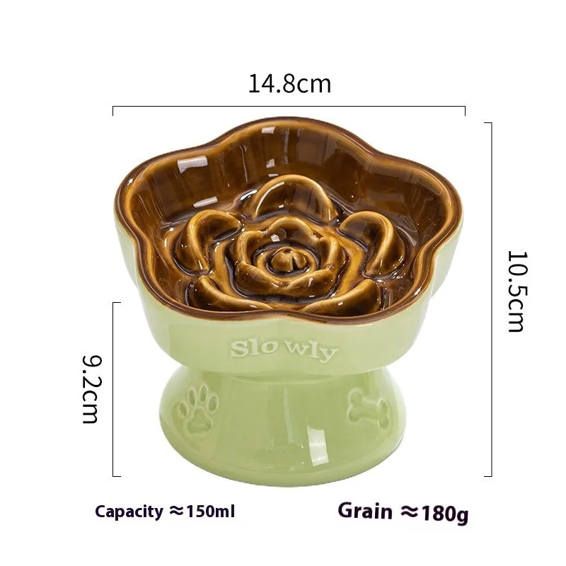 Ceramic pet bowl with a high foot and wide rim for dogs and cats.