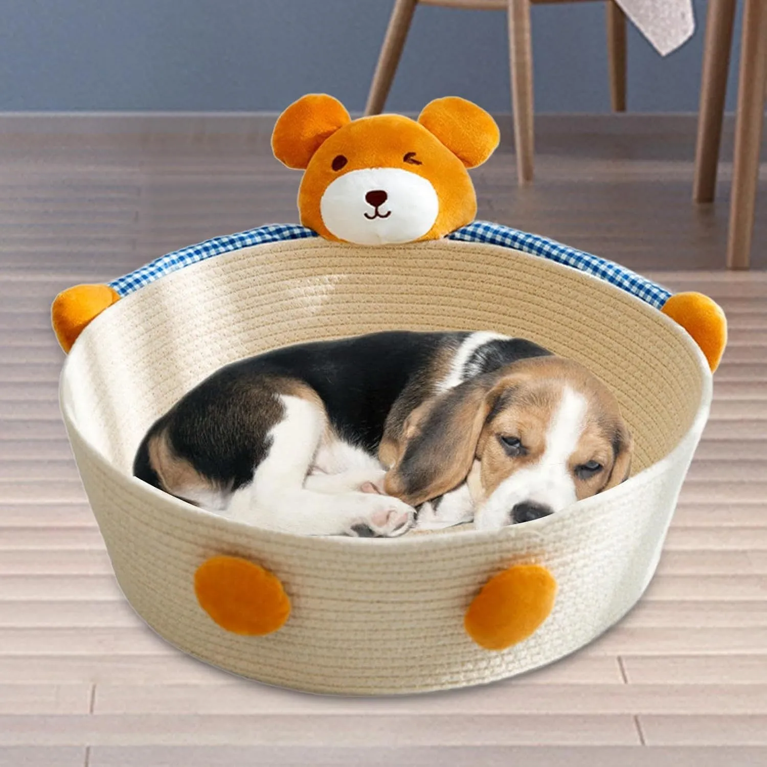 Woven cotton rope cat bed basket with integrated scratching surface in Bear or Rabbit design.