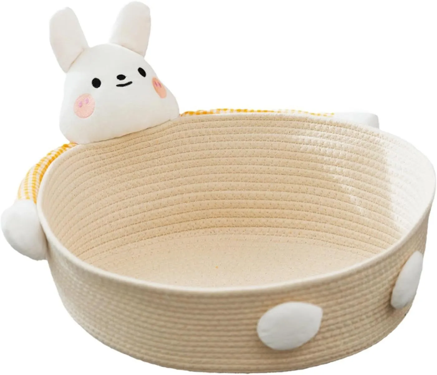 Woven cotton rope cat bed basket with integrated scratching surface in Bear or Rabbit design.