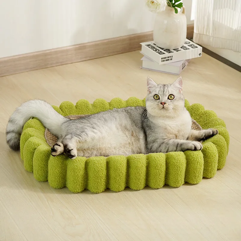 Green oval cat scratch pad bowl bed with sisal scratching surface
