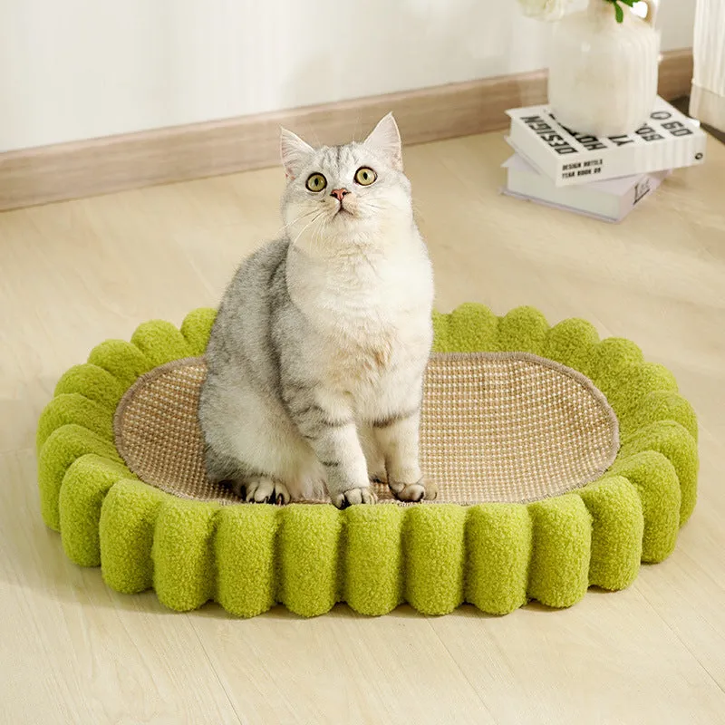 Green oval cat scratch pad bowl bed with sisal scratching surface