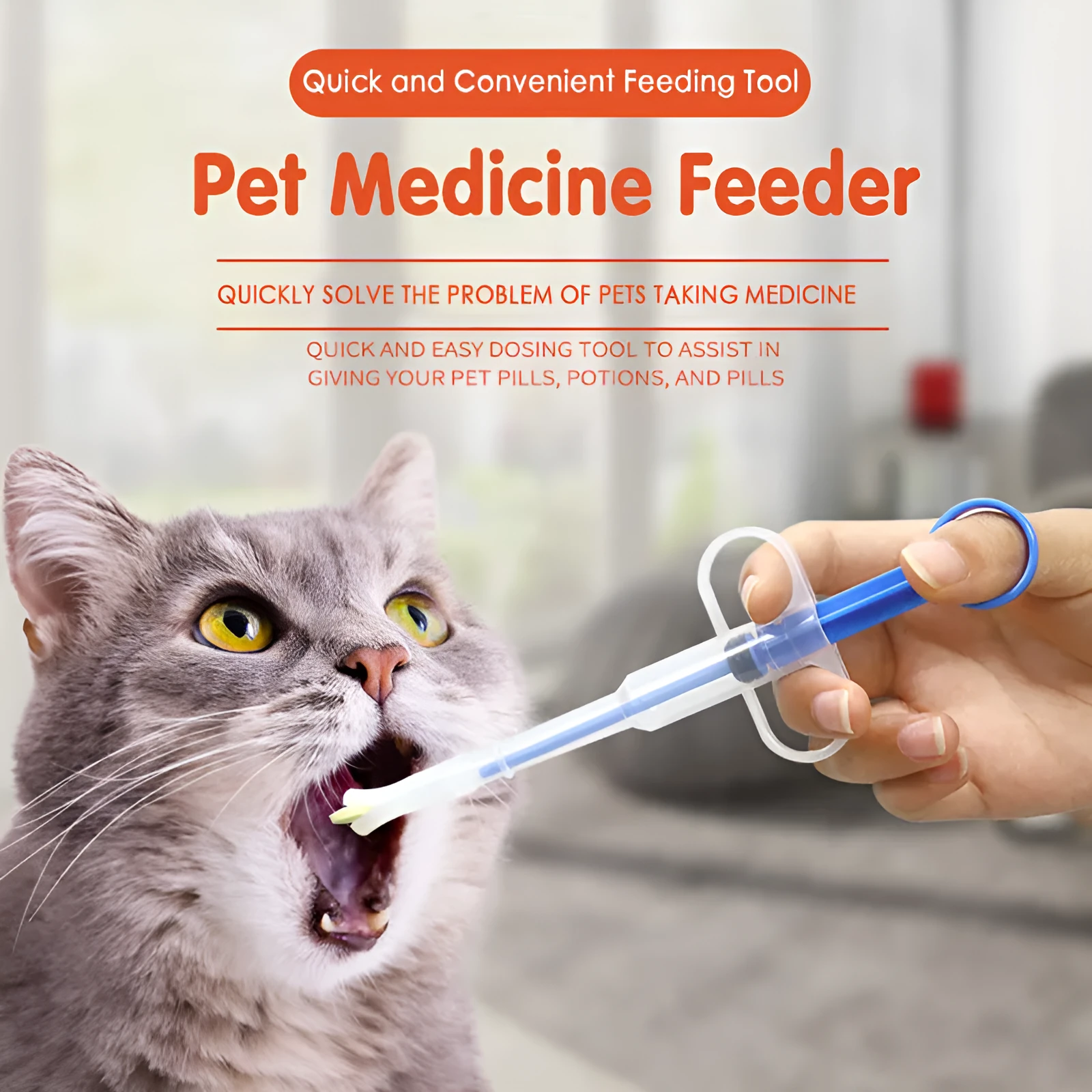 Red and blue pet medicine pills feeder device 15cm long with plastic and silicone construction
