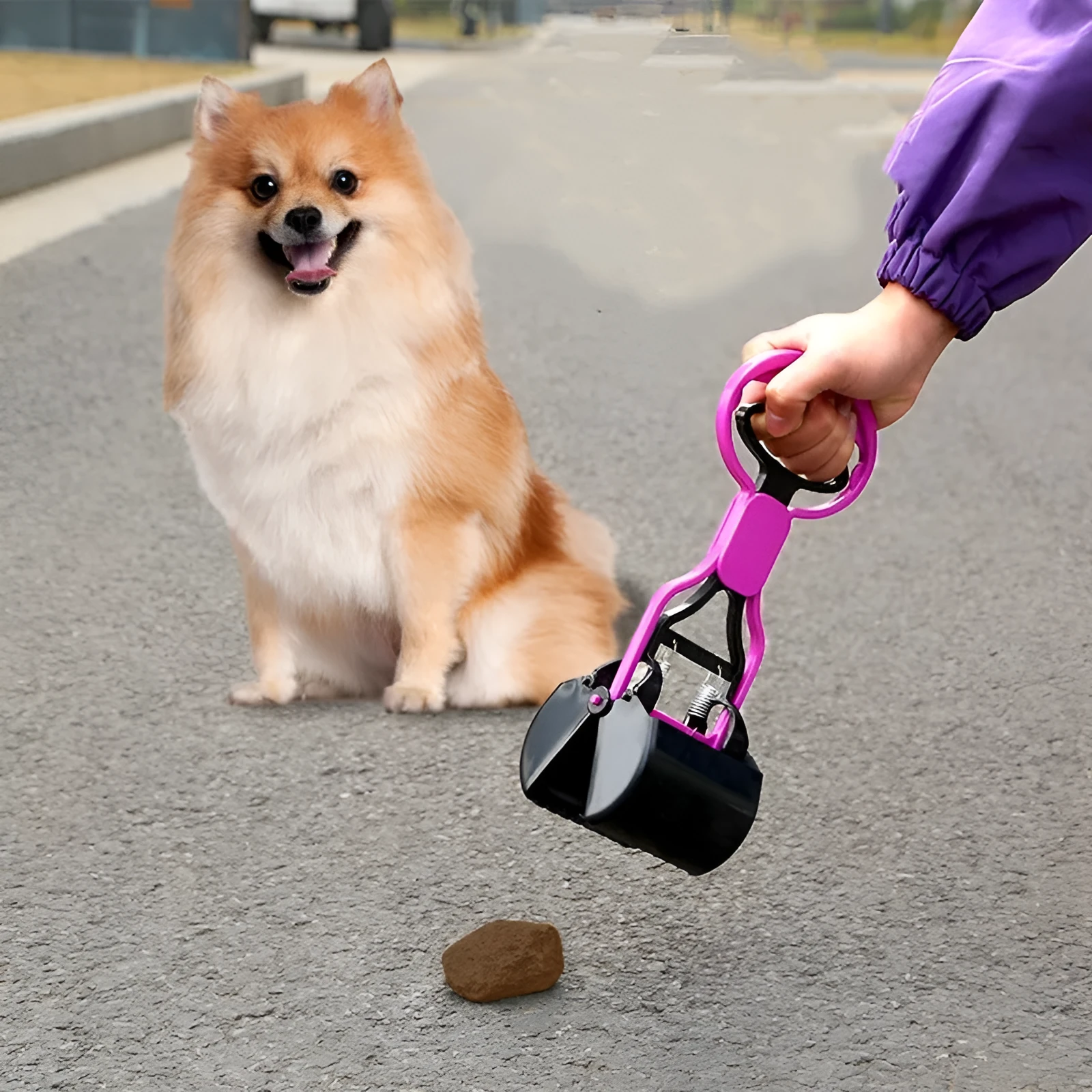 Foldable purple ABS plastic pet toilet for puppy poop picking up with 60cm length