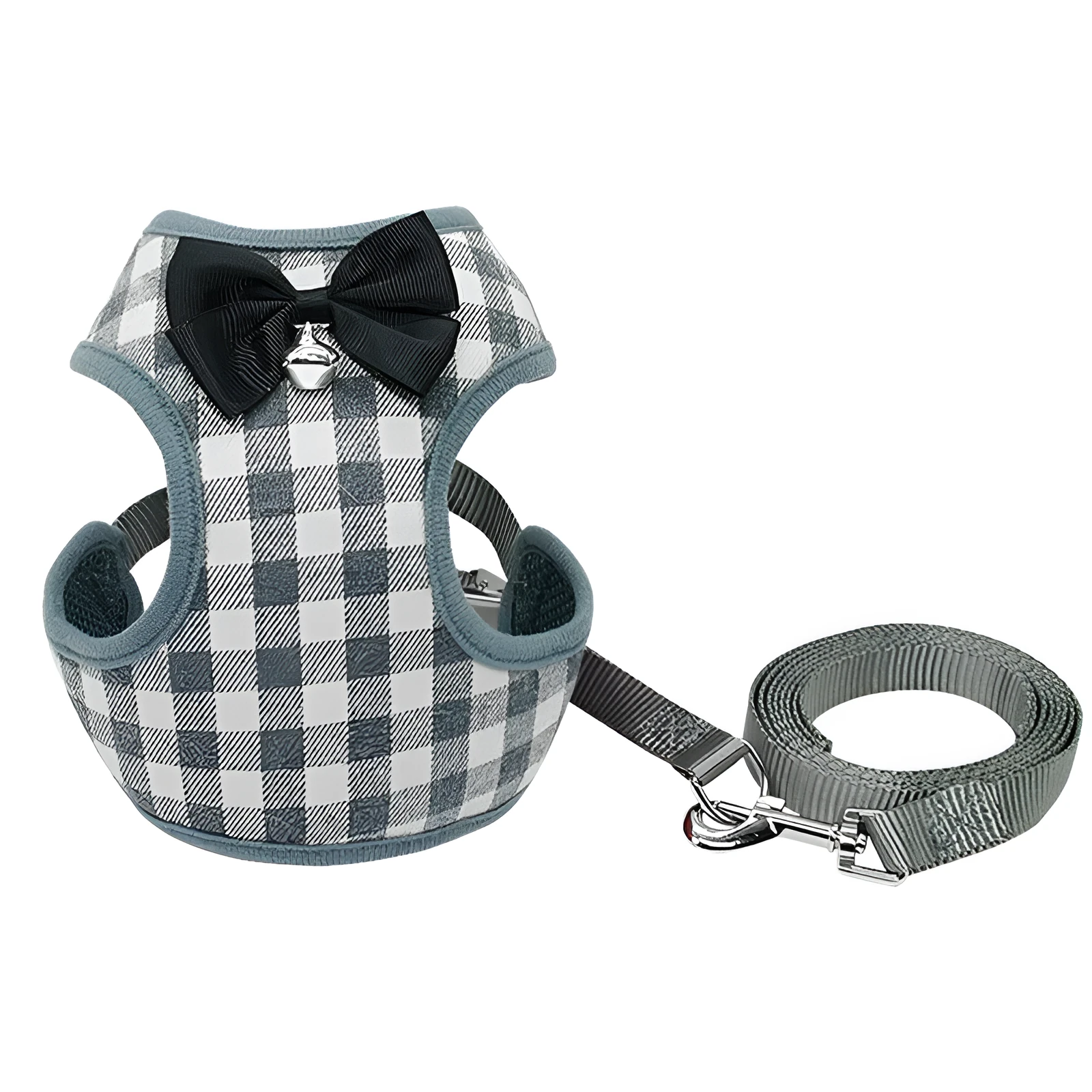 Grey cloth dog leash and chest strap set with adjustable buckle on white background
