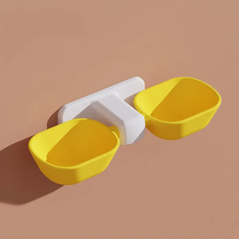 Automatic plastic double bowl pet feeder with adjustable height in white and yellow