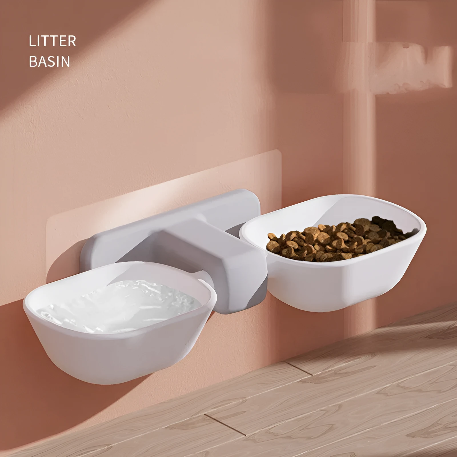Automatic plastic double bowl pet feeder with adjustable height in white and yellow