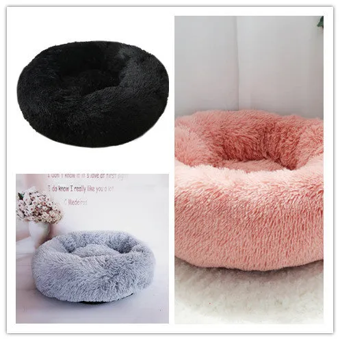 Soft thick plush round pet bed in donut shape with raised rim, available in khaki and other colours, sizes 40cm to 120cm