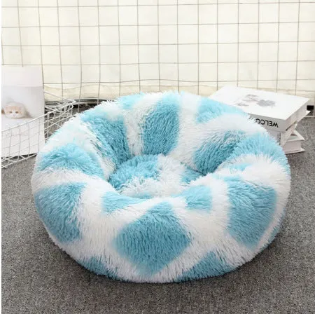Soft thick plush round pet bed in donut shape with raised rim, available in khaki and other colours, sizes 40cm to 120cm