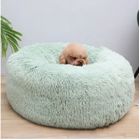 Soft thick plush round pet bed in donut shape with raised rim, available in khaki and other colours, sizes 40cm to 120cm