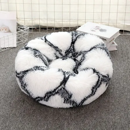 Soft thick plush round pet bed in donut shape with raised rim, available in khaki and other colours, sizes 40cm to 120cm
