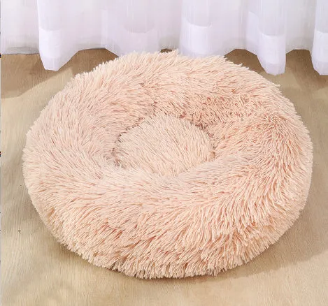 Soft thick plush round pet bed in donut shape with raised rim, available in khaki and other colours, sizes 40cm to 120cm