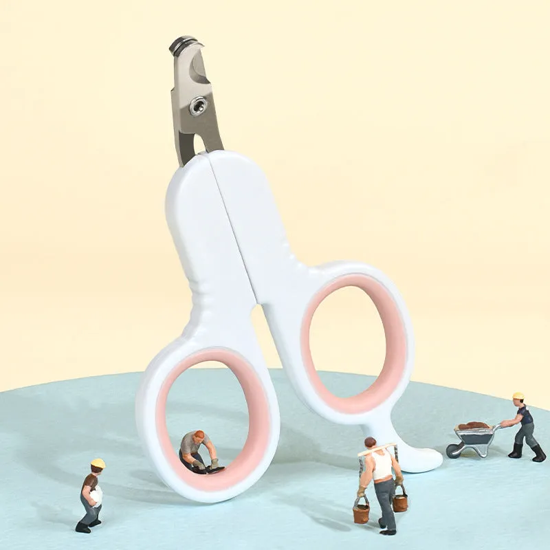 Grey and pink pet nail clippers with curved tips and a rubber-coated anti-slip handle on a white background.